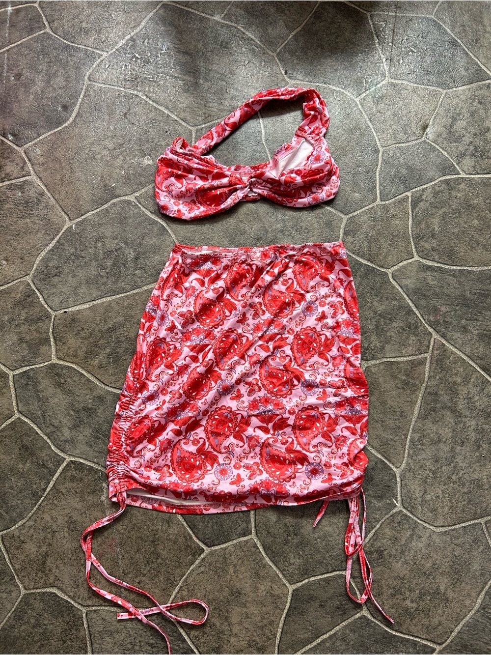 Red & Pink Paisley Two-Piece Top and Skirt Set
